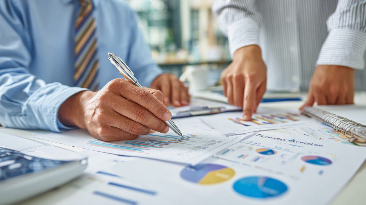 People discussing financial charts and strategic timelines